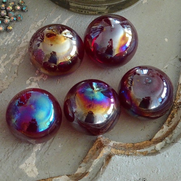 Red Iridescent Oil Spill Handblown Glass Christmas Balls Table Candy Decor - Picture 6 of 9